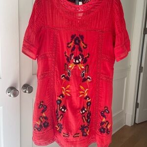 FREE PEOPLE XS Women EMBROIDERED COTTON GAUZE CROCHET LACE BOHO MINI DRESS